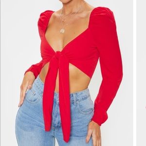 Red Puff Long Sleeve Blouse Crop Top
